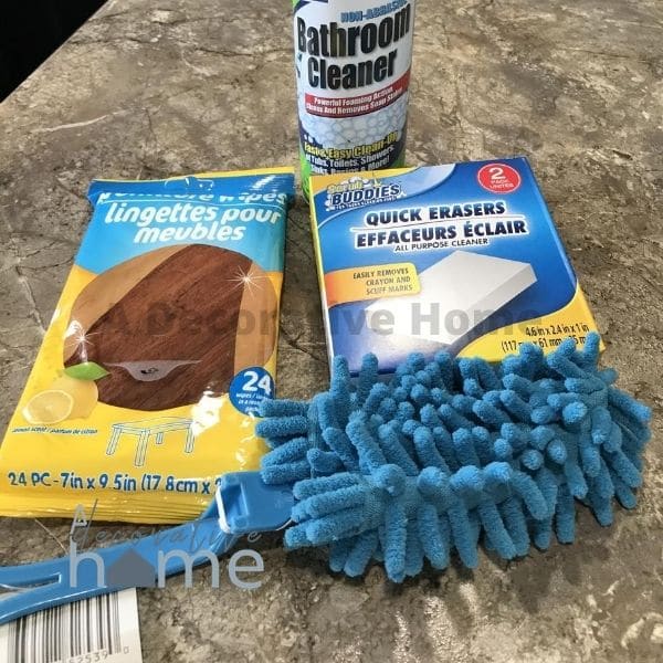 Cleaning supplies on a counter.