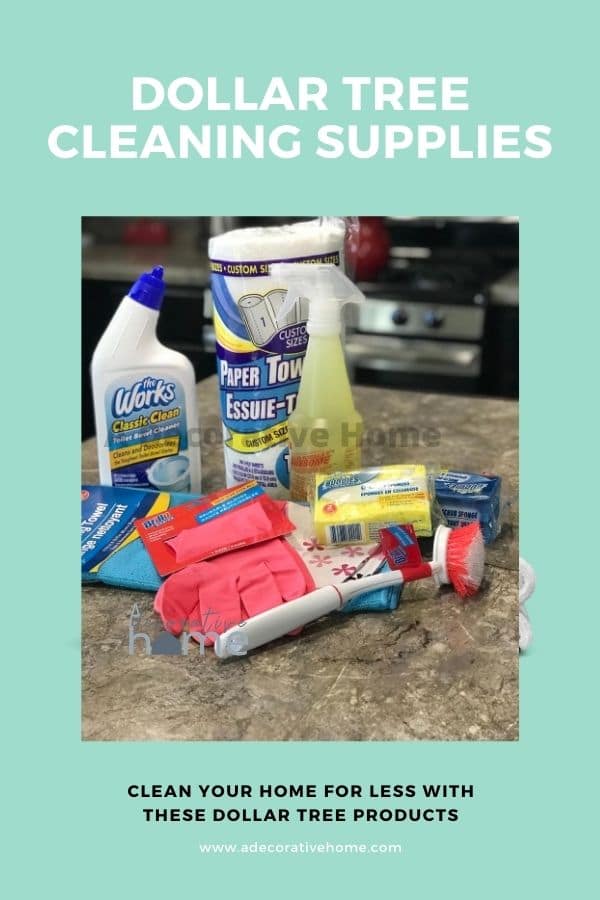 Cleaning supplies on a countertop.