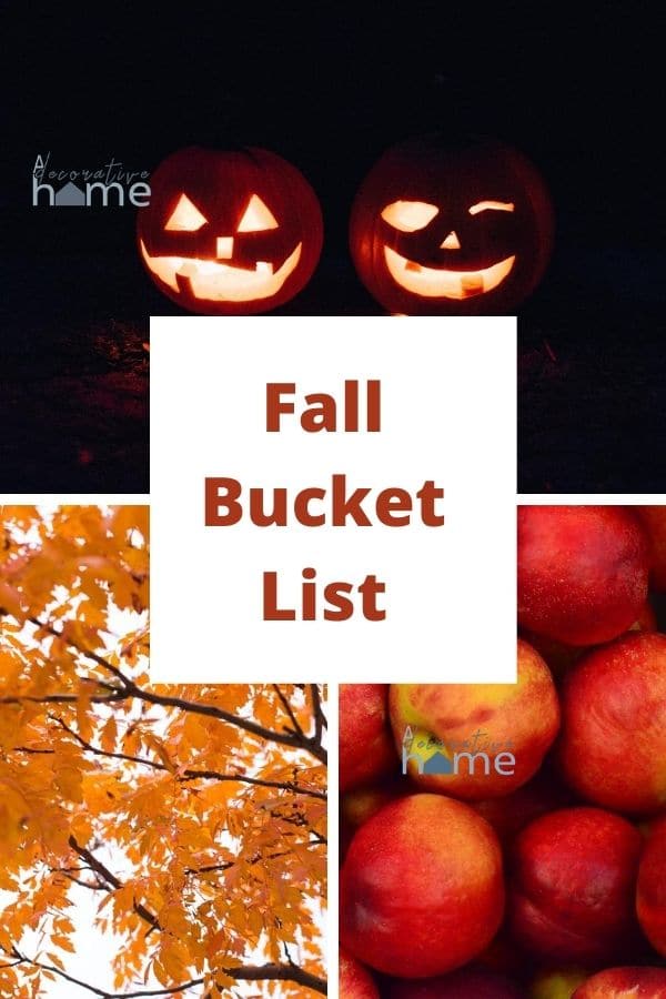 Three pictures in one. The top is of two jack-o-lanterns, the next is of a fall tree, and the last is of apple. The words Fall Bucket List is in a box over top of the images.