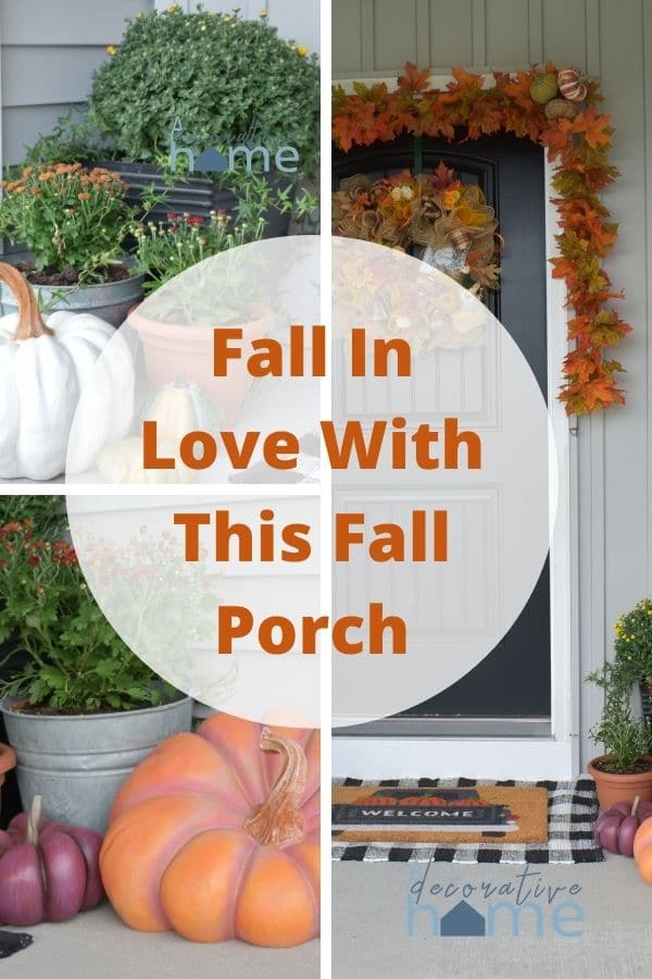 Three images of a fall front porch. One of the door that has garland and a wreath. One of mums and a fake white pumpkin. And another with a red and orange fake pumpkin with mums.